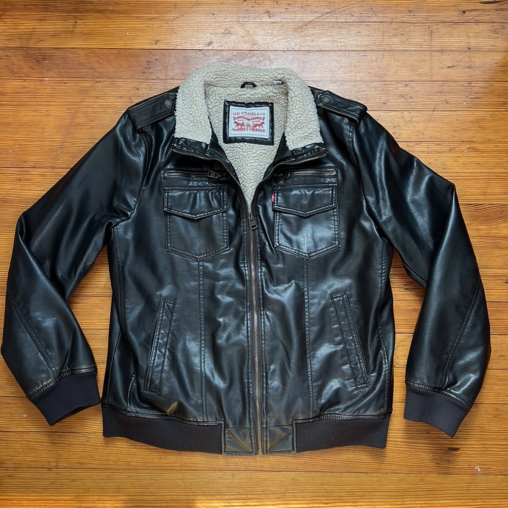 Mens Levi Strauss Faux Leather Dark Brown Distressed Bomber Jacket size Large